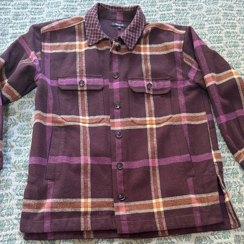 Madewell Purple Plaid Bomber Jacket with Brown and Cream Accents